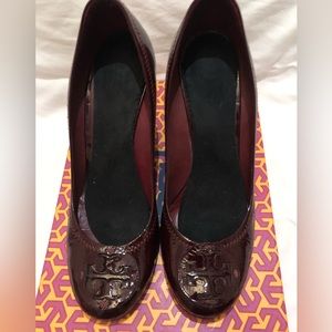 Tory Burch Sophie patent wedge. Cranberry 8.5. Like new, in box.
